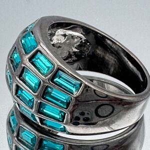 Gunmetal Teal Baguette Crystal Dome Statement Ring Size 8.25 Modern Jewelry 11g